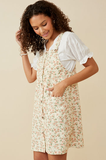 HY7086 Cream Womens Floral Corduroy Button Detail Tank Dress Side